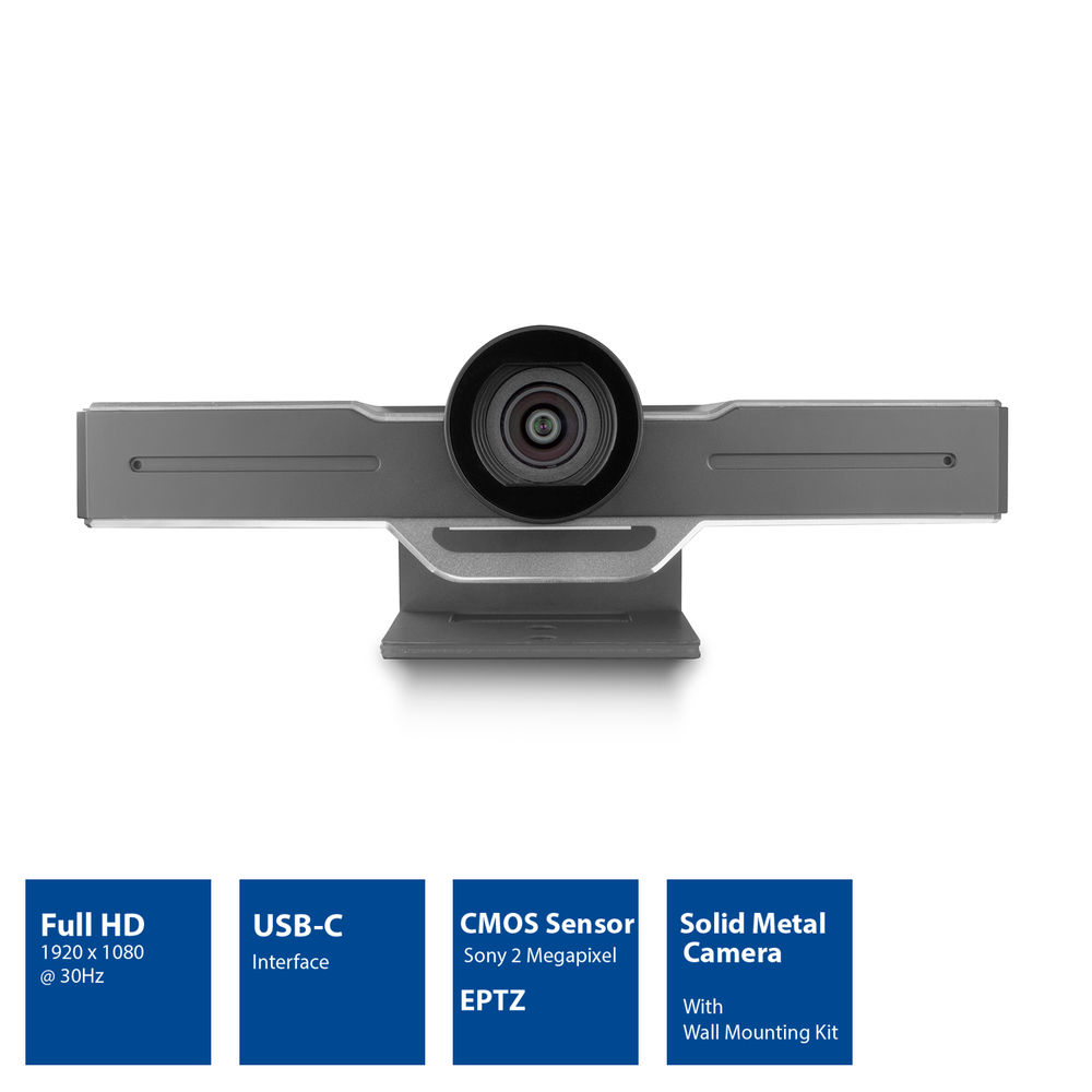 Webcam Full HD grigia con EPTZ, sensore CMOS e connessione USB-C.
