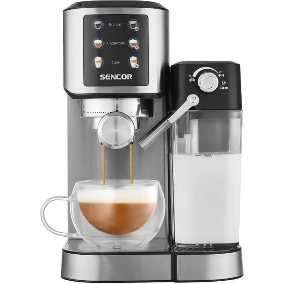 Macchina per espresso argentata che prepara caffè in una tazza, con contenitore del latte accanto.