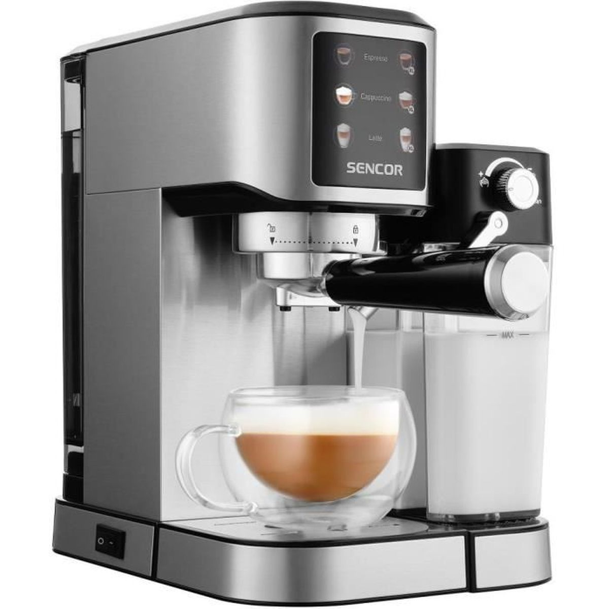 Macchina da caffè argentata con contenitore del latte e un bicchiere di cappuccino.