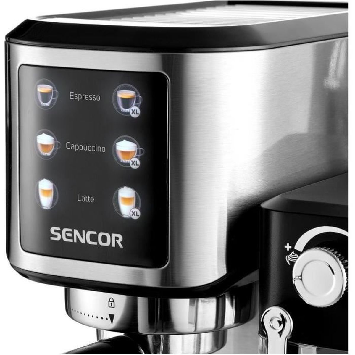 Primo piano di una macchina da caffè Sencor con pulsanti per Espresso, Cappuccino e Latte.