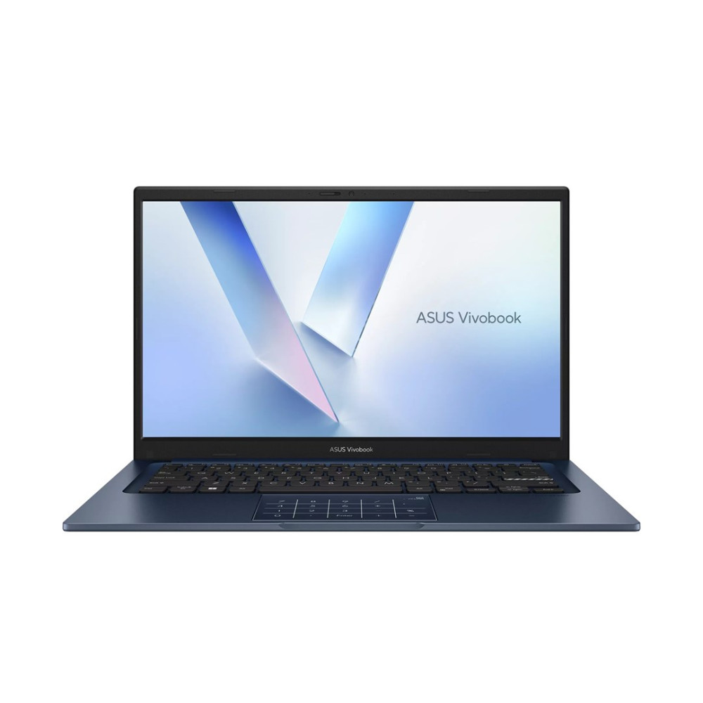 Ciemnoniebieski laptop ASUS Vivobook z podświetlaną klawiaturą na białym tle.