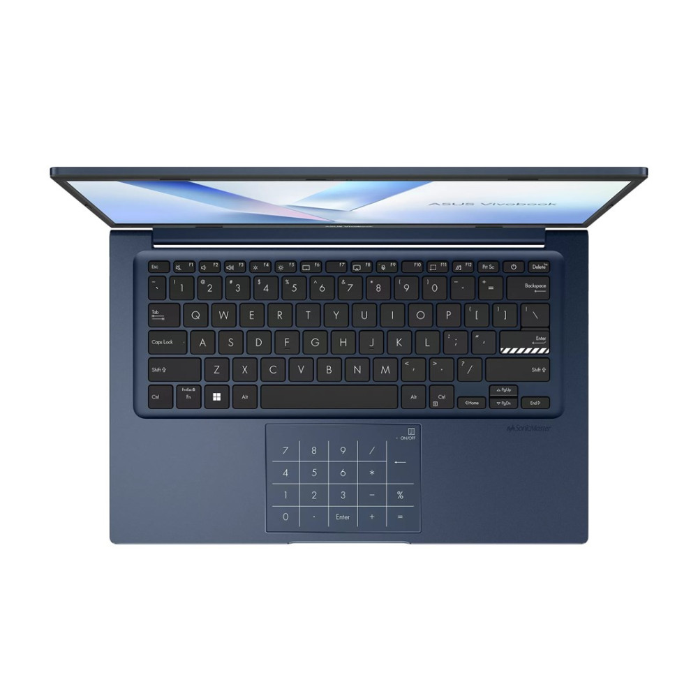 Niebieski laptop Asus Vivobook jest otwarty, pokazując klawiaturę i ekran z grafiką.