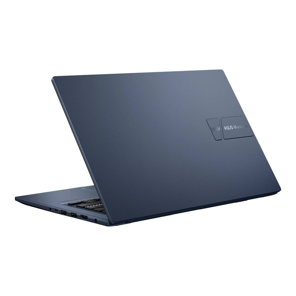 Ciemnoniebieski laptop ASUS Vivobook, pokazany od tyłu i lekko pod kątem.