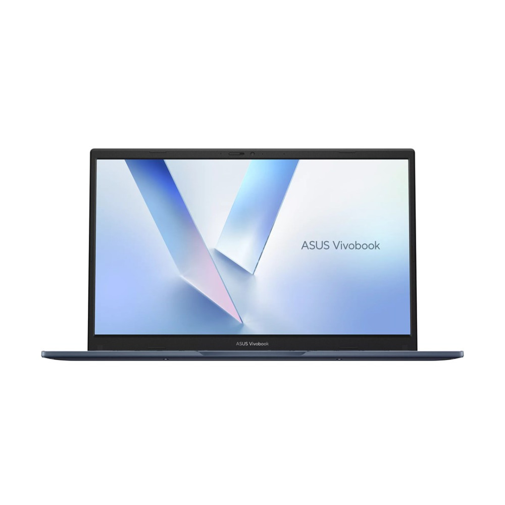 Niebieski laptop Asus Vivobook z wy stylizedowanym tłem w kształcie litery V na ekranie.