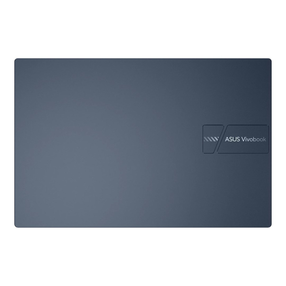 Granatowa obudowa laptopa ze srebrnym logo ASUS Vivobook.