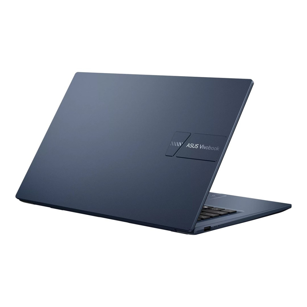 Ciemnoniebieski laptop Asus Vivobook pokazany z widoku z tyłu z trzech czwartych na białym tle.