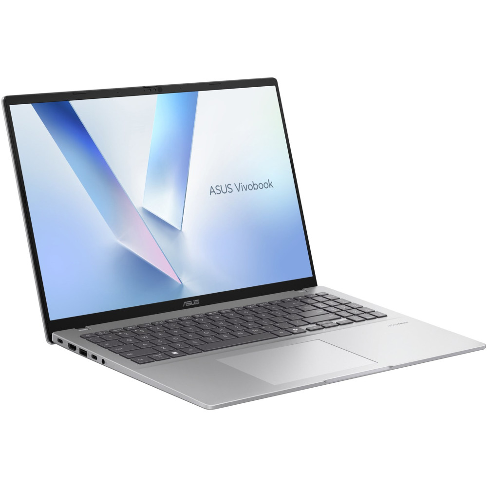 Srebrny laptop ASUS Vivobook z podświetlaną klawiaturą na białym tle.