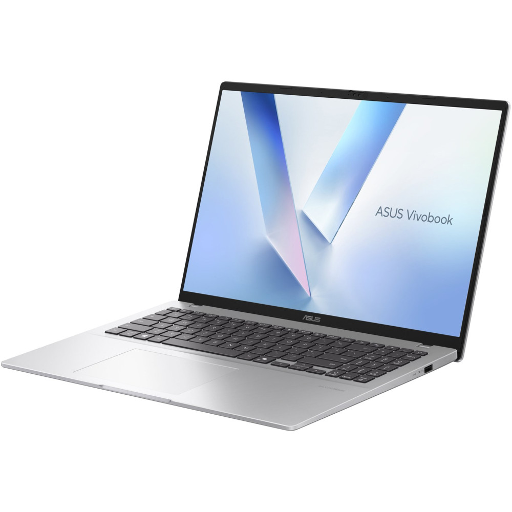 Srebrny laptop Asus Vivobook z klawiaturą i touchpadem, na białym tle.