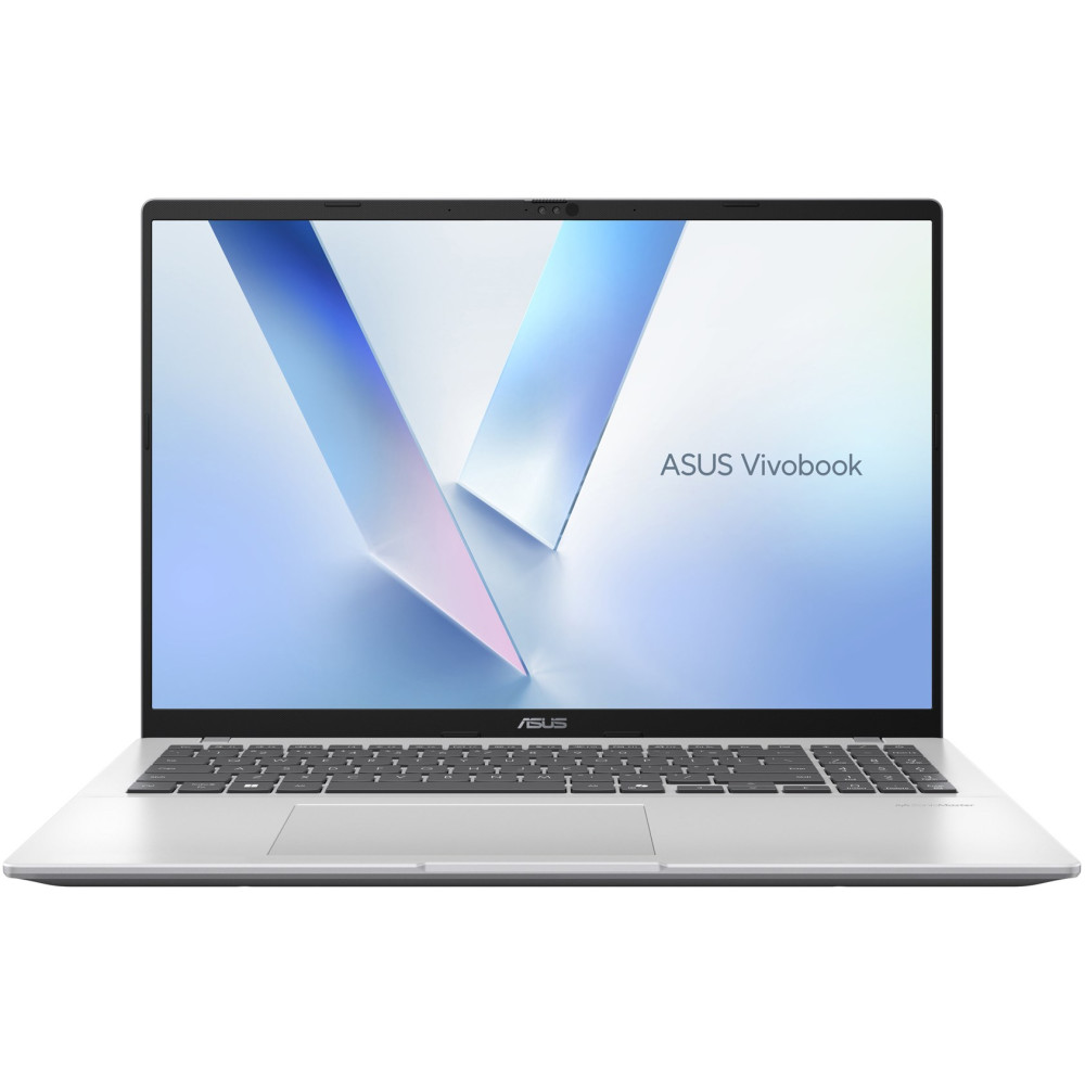 Srebrny laptop Asus Vivobook jest otwarty, widoczna klawiatura i ekran.