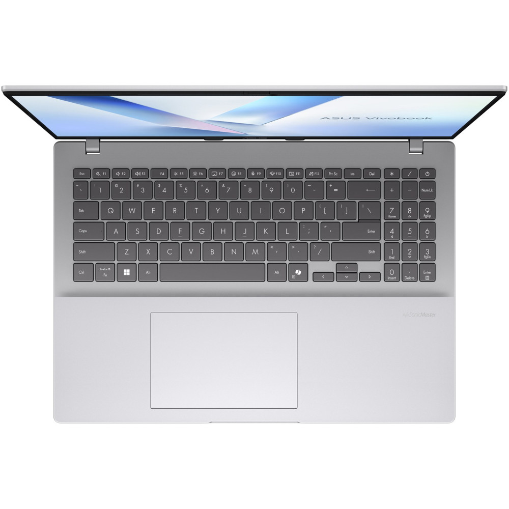 Srebrny laptop z otwartą pokrywą, pokazujący klawiaturę i touchpad.