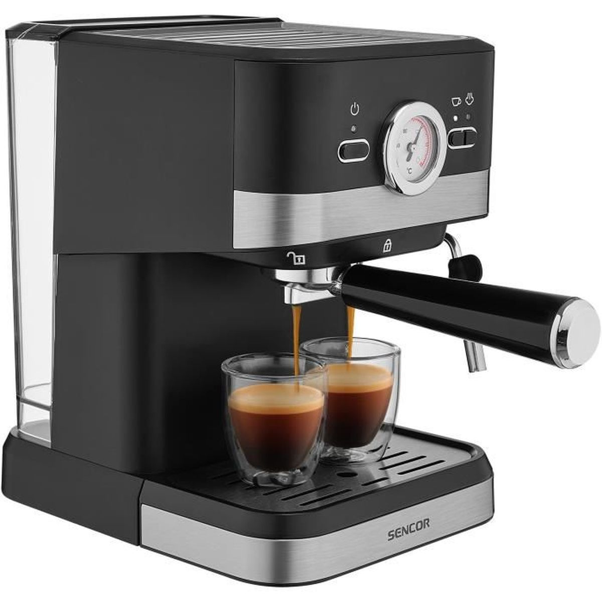 Una macchina per espresso nera prepara due tazze di espresso.