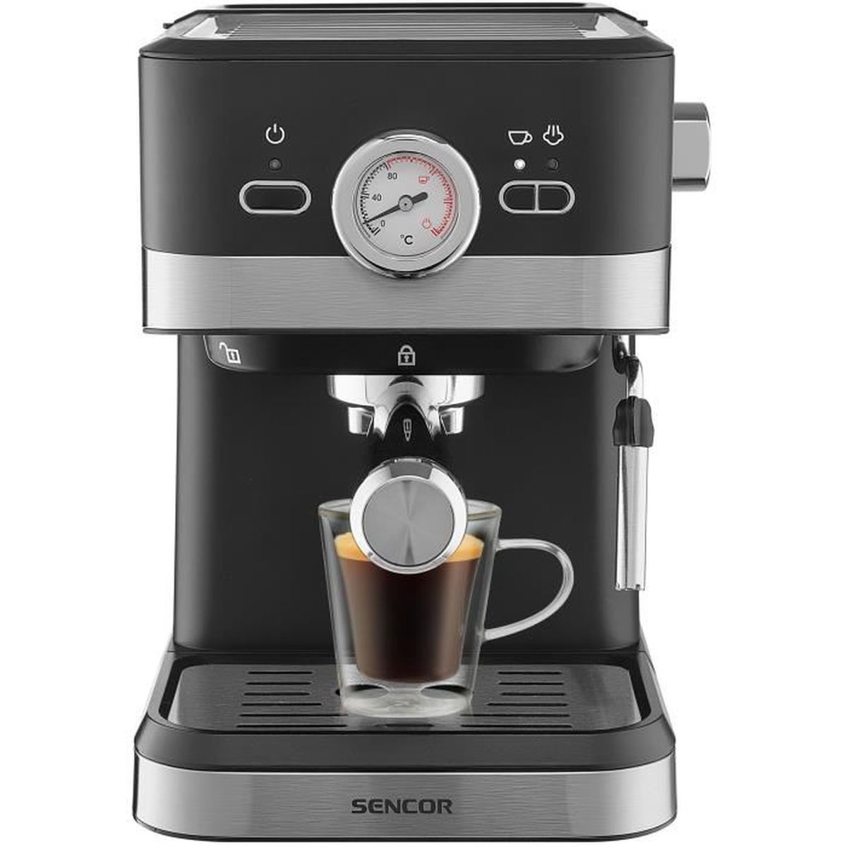 Macchina per espresso nera con tazzina da espresso in vetro e termometro.