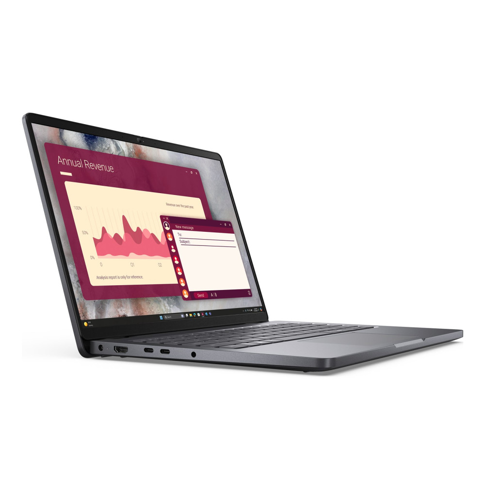 Szary laptop wyświetla wykres przychodów i wiadomość e-mail na ekranie.