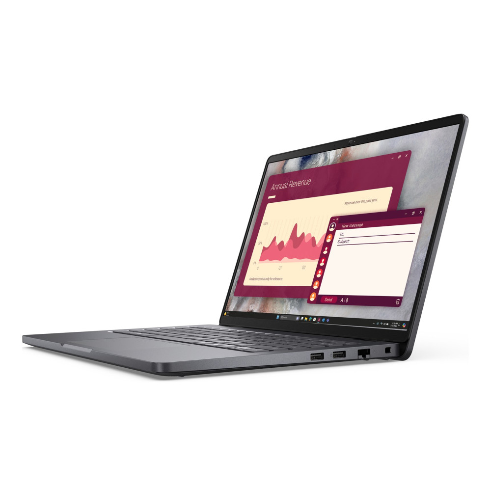 Szary laptop wyświetla wykres finansowy i okno nowej wiadomości.
