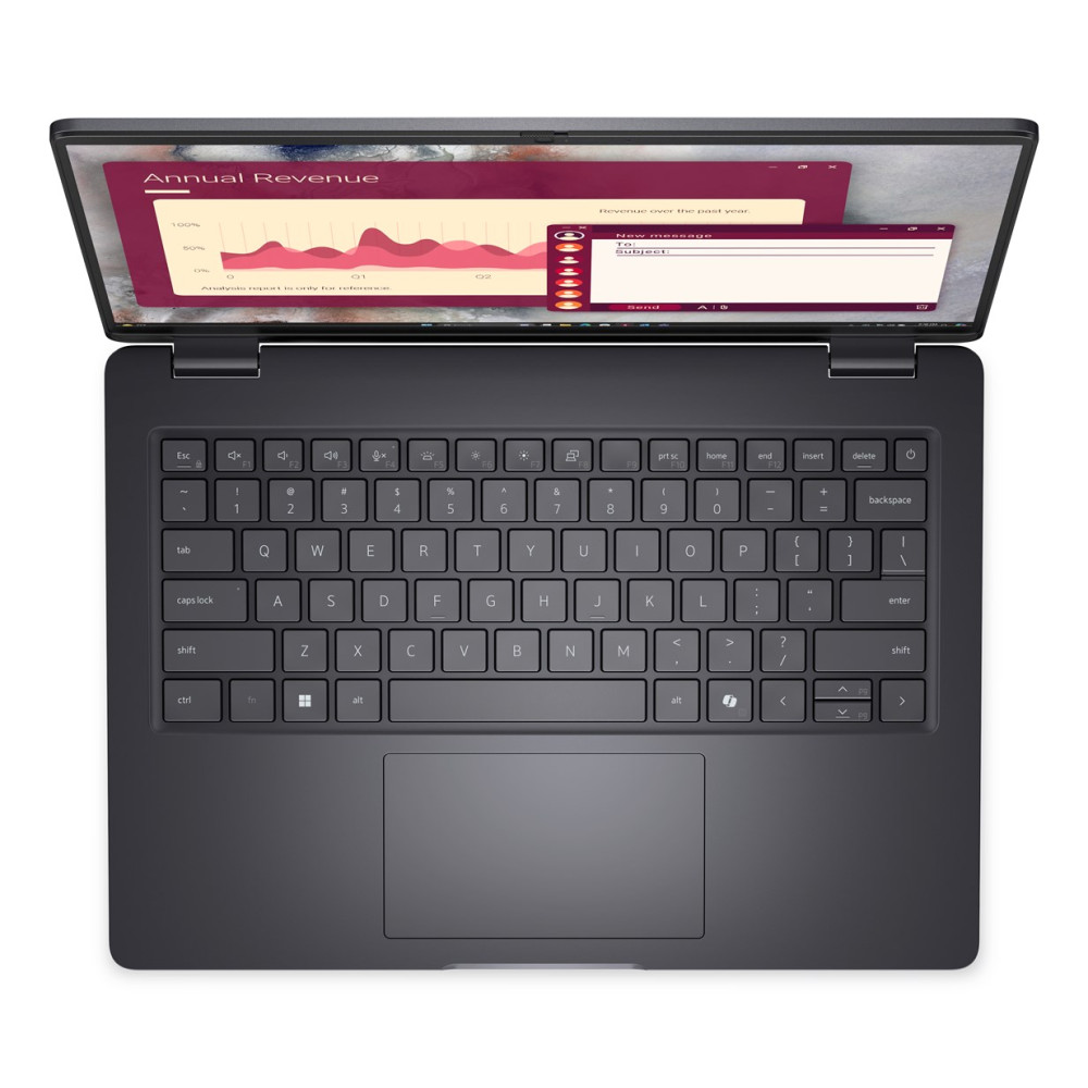Otwarty laptop wyświetla wykres "Roczne Przychody" i nowe okno wiadomości e-mail.