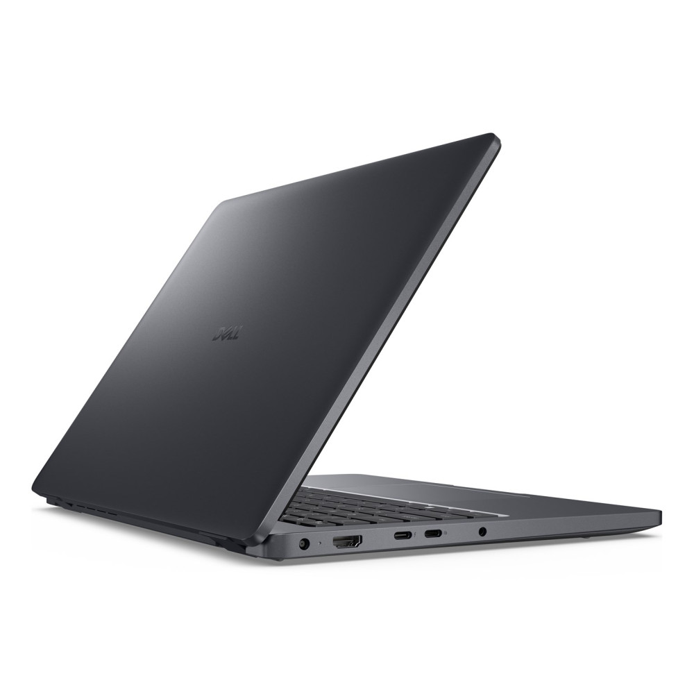 Ciemnoszary laptop Dell jest otwarty, pokazując klawiaturę i porty z boku.