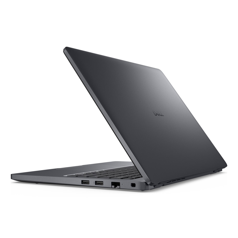Szary laptop Dell pokazany z boku z otwartym ekranem, widoczna klawiatura.