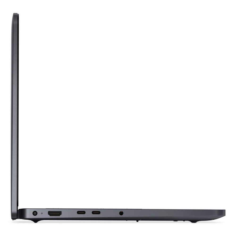 Widok z boku ciemnego laptopa pokazujący porty takie jak USB-C i gniazdo słuchawkowe.