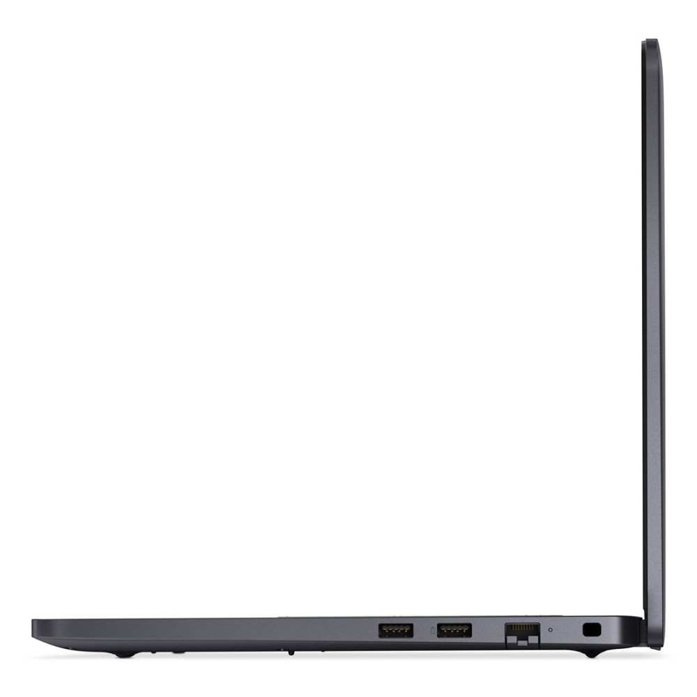 Widok z boku ciemnego laptopa z portami USB i otworami wentylacyjnymi.