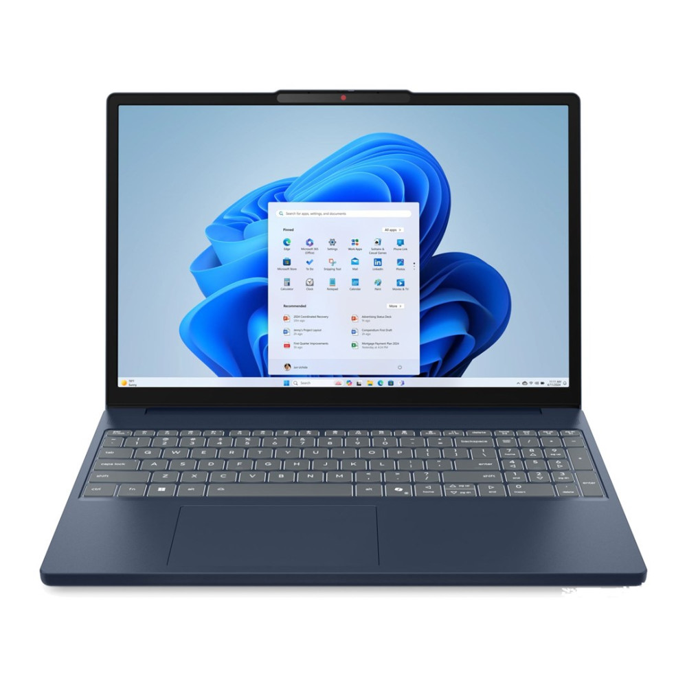 Niebieski laptop z otwartym menu startowym Windows 11 na ekranie.