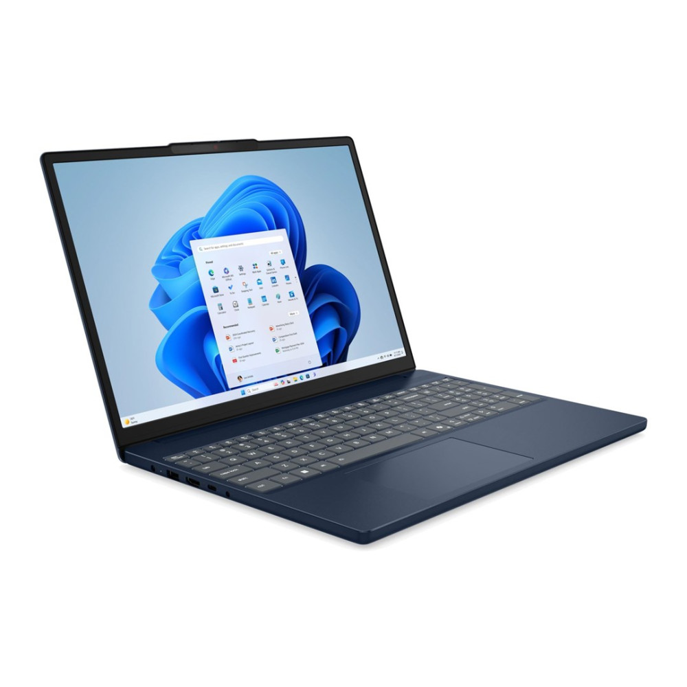 Otwarty ciemnoniebieski laptop wyświetlający system Windows 11 na ekranie.