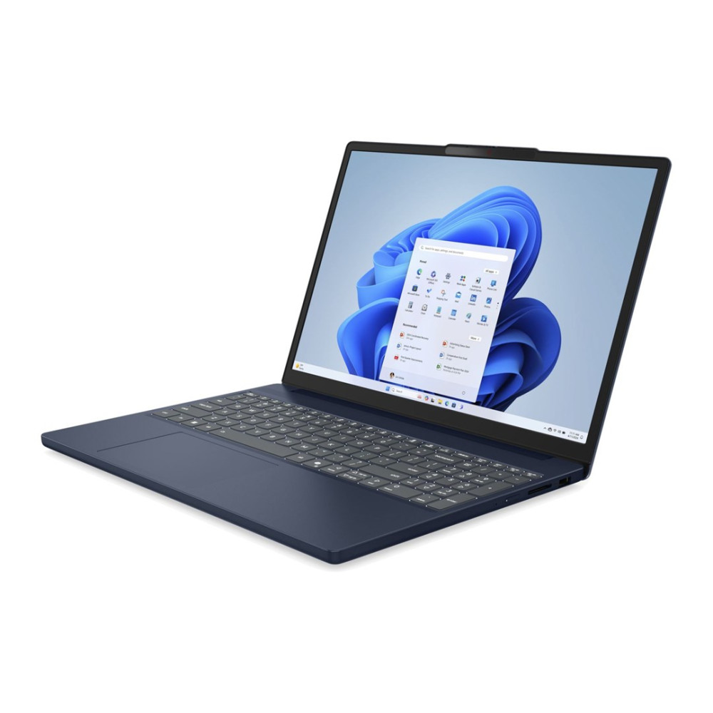 Otwarty ciemnoniebieski laptop z menu startowym systemu Windows 11 na ekranie.