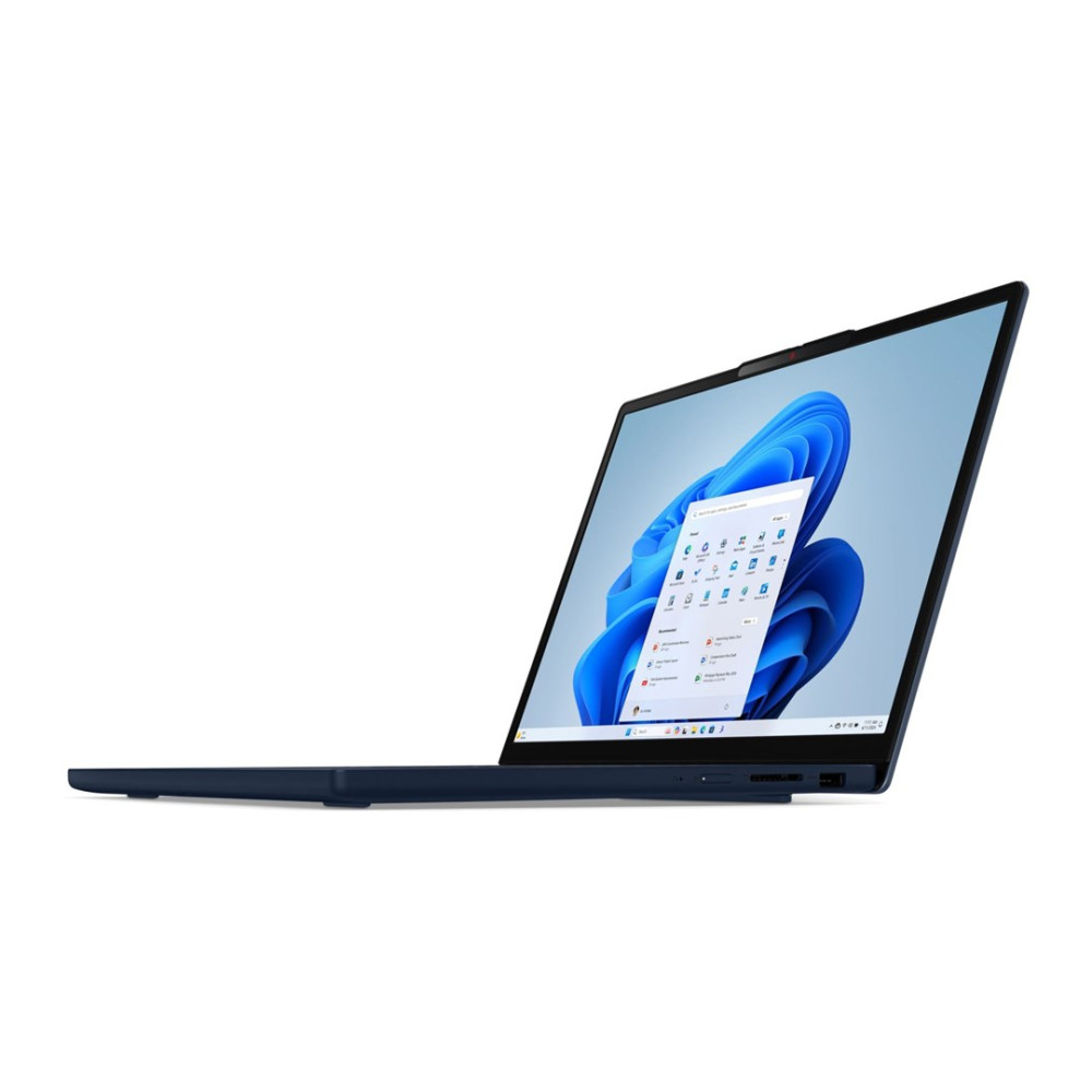Ciemnoniebieski laptop z otwartym ekranem, wyświetlający logo Windows 11.
