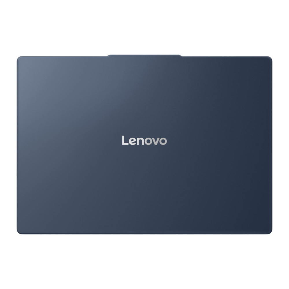 Zamknięty granatowy laptop z logo Lenovo.
