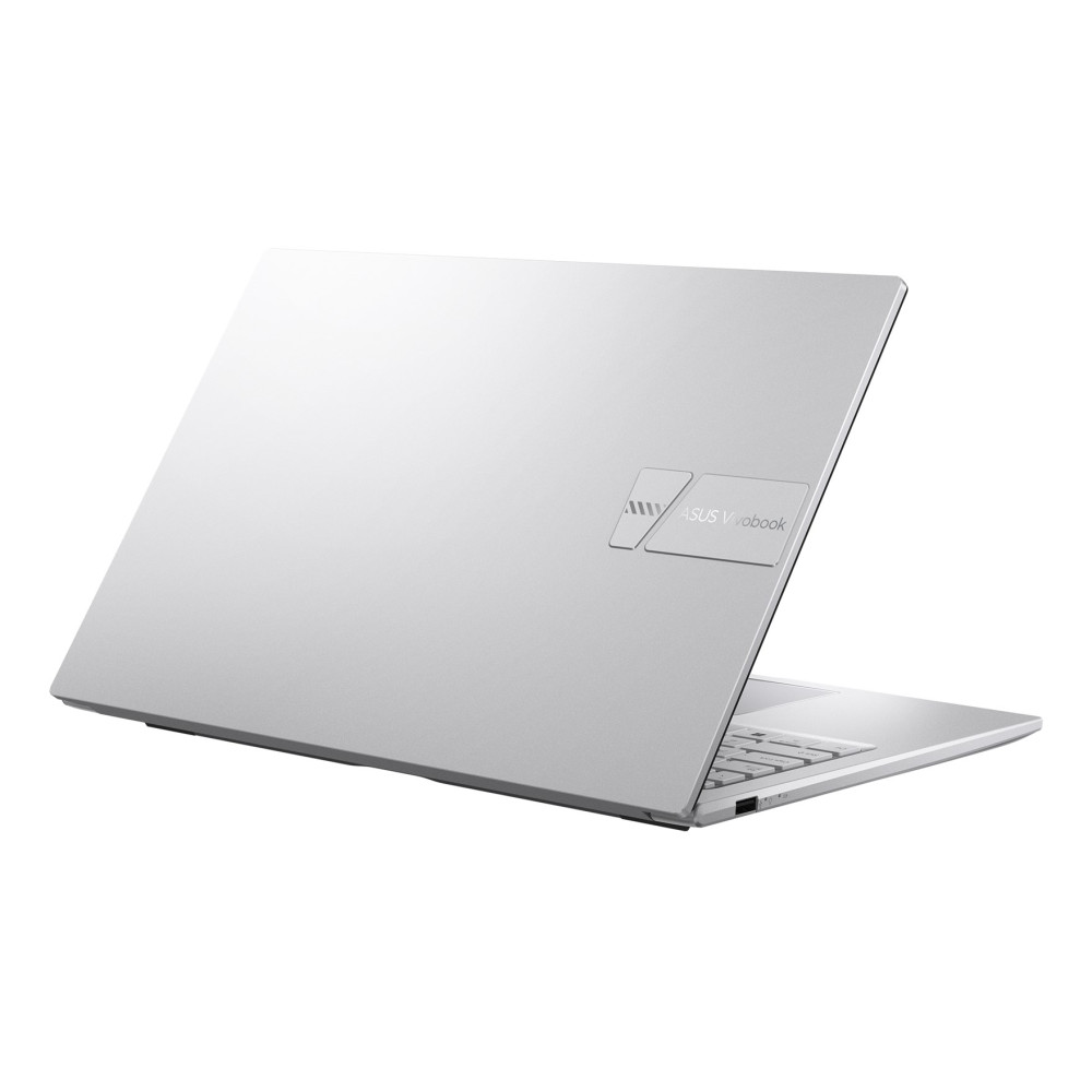 Srebrny laptop z logo ASUS Vivobook na pokrywie, otwarty na białym tle.