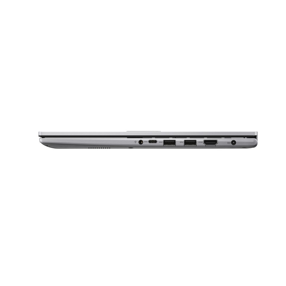 Widok z boku srebrnego laptopa pokazujący porty USB-C, USB-A, HDMI i słuchawkowe.
