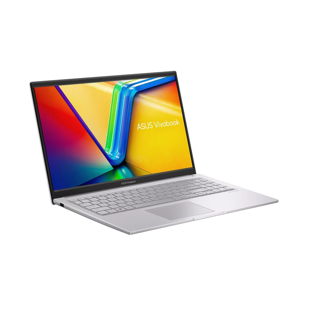 Otwarty srebrny laptop ASUS Vivobook z kolorowym tłem na ekranie.