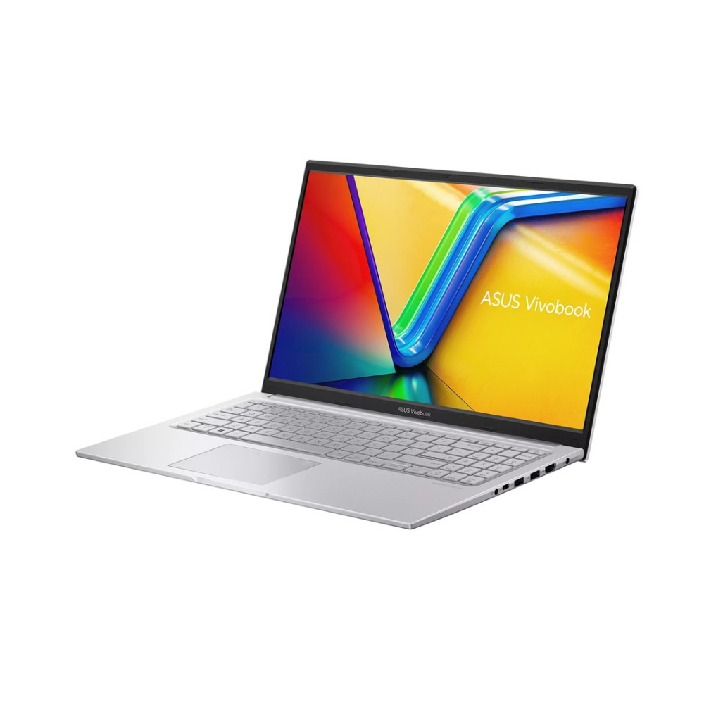 Srebrny laptop ASUS Vivobook z kolorowym ekranem i klawiaturą.