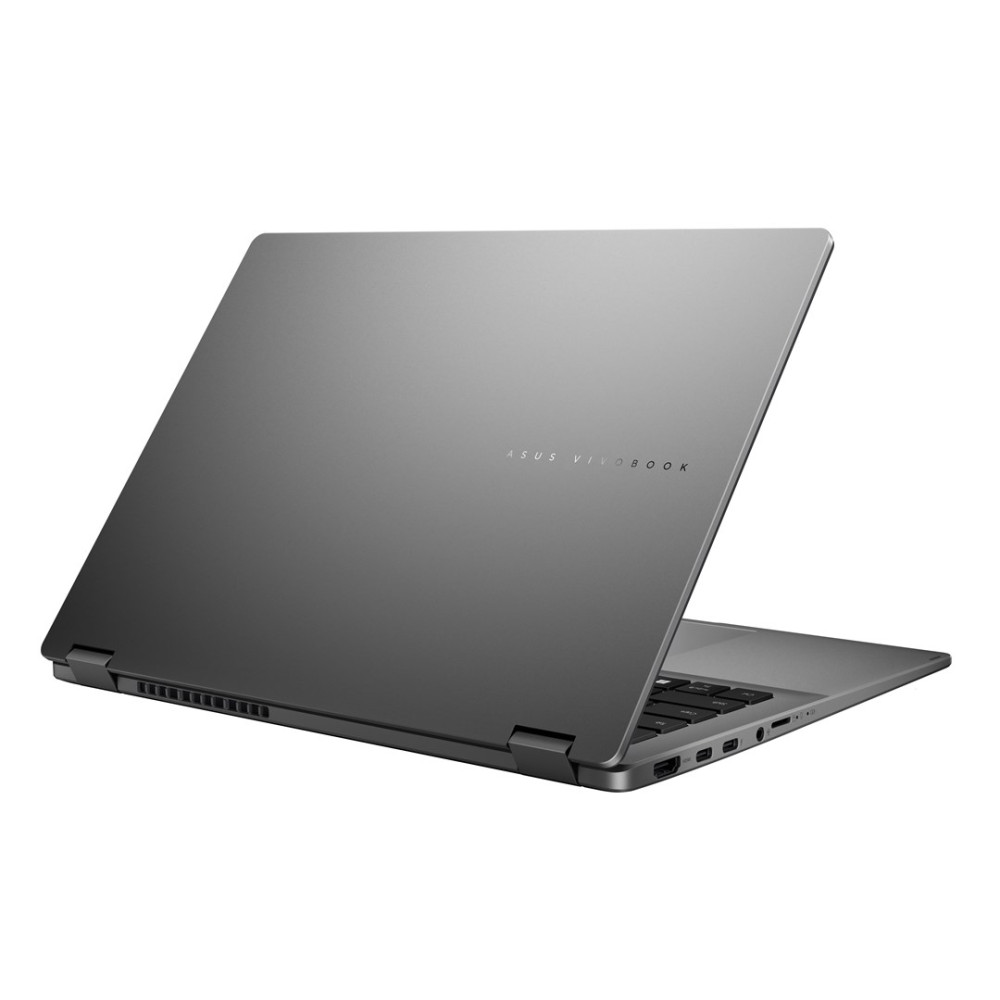 Szary laptop Asus Vivobook otwarty, widziany z boku.