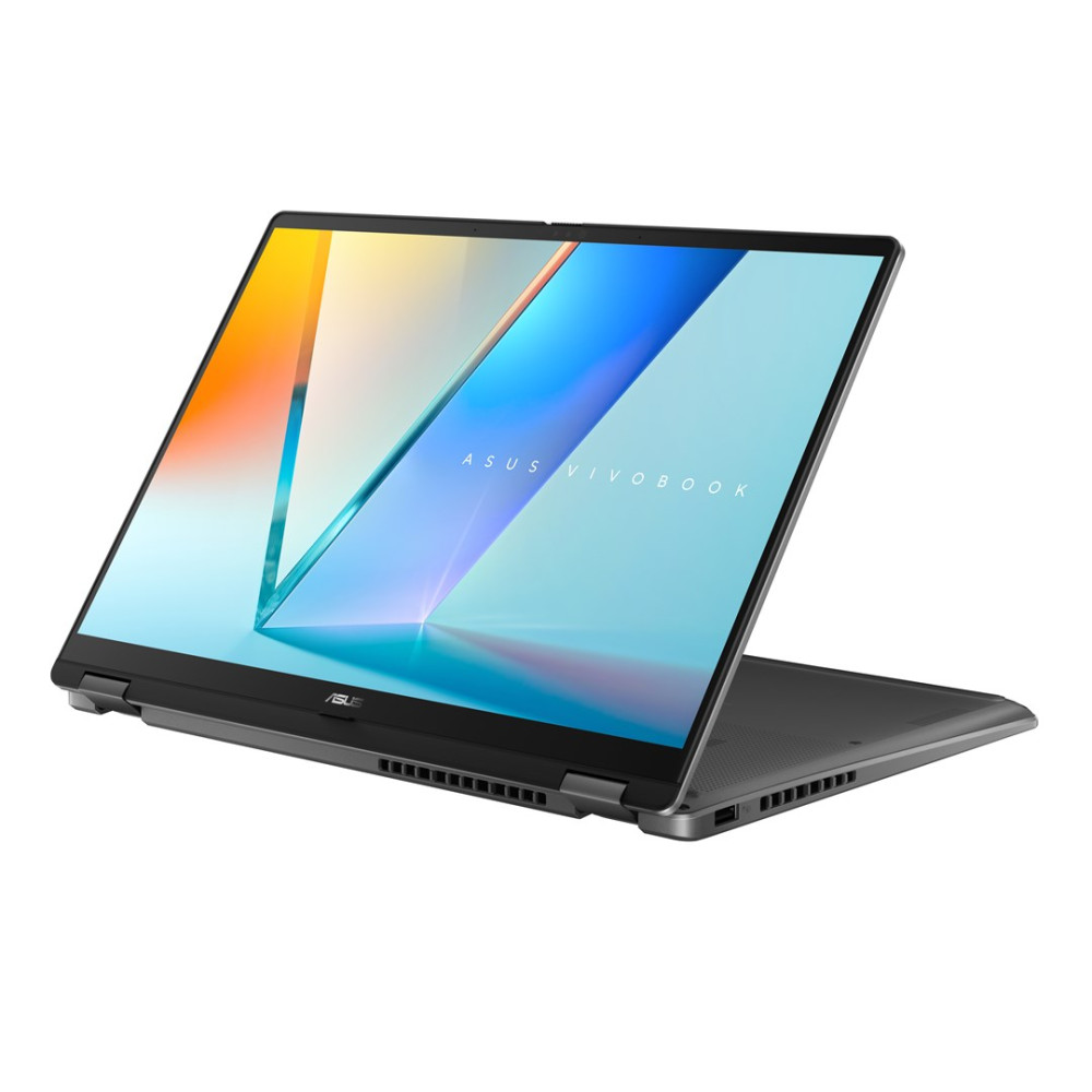 Srebrny laptop ASUS Vivobook z otwartym ekranem, wyświetlający kolorową grafikę tła.