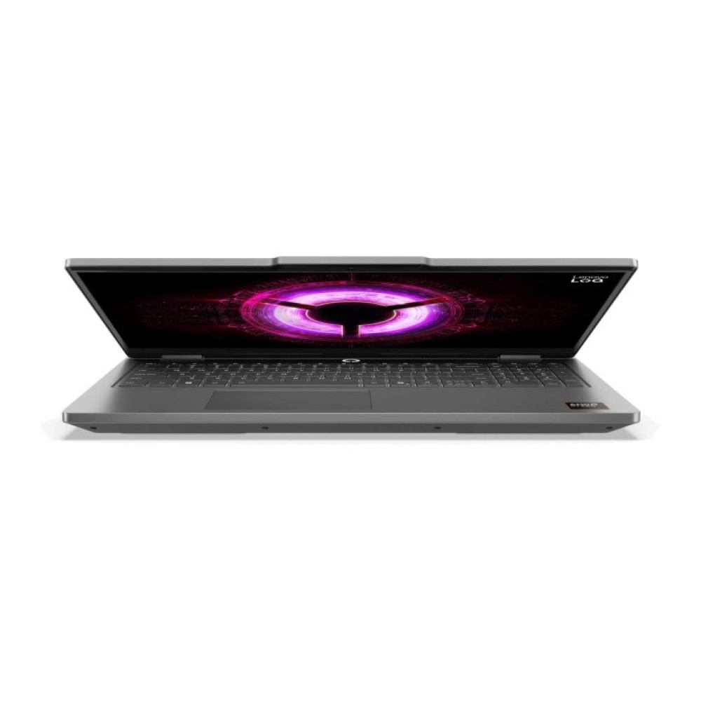 Otwarty szary laptop wyświetla na ekranie purpurowe logo w kształcie koła.