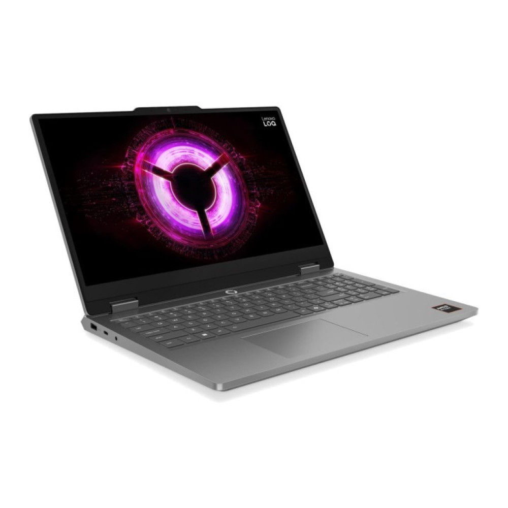 Szary laptop Lenovo z świecącym fioletowym okręgiem na ekranie.