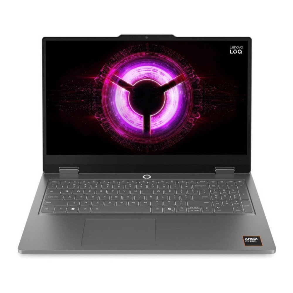 Szary laptop Lenovo LOQ wyświetla żywą purpurową grafikę kołową na ekranie.