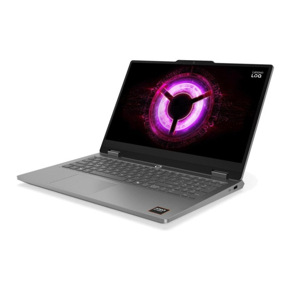 Szary laptop Lenovo LOQ z fioletową grafiką kołową na ekranie.