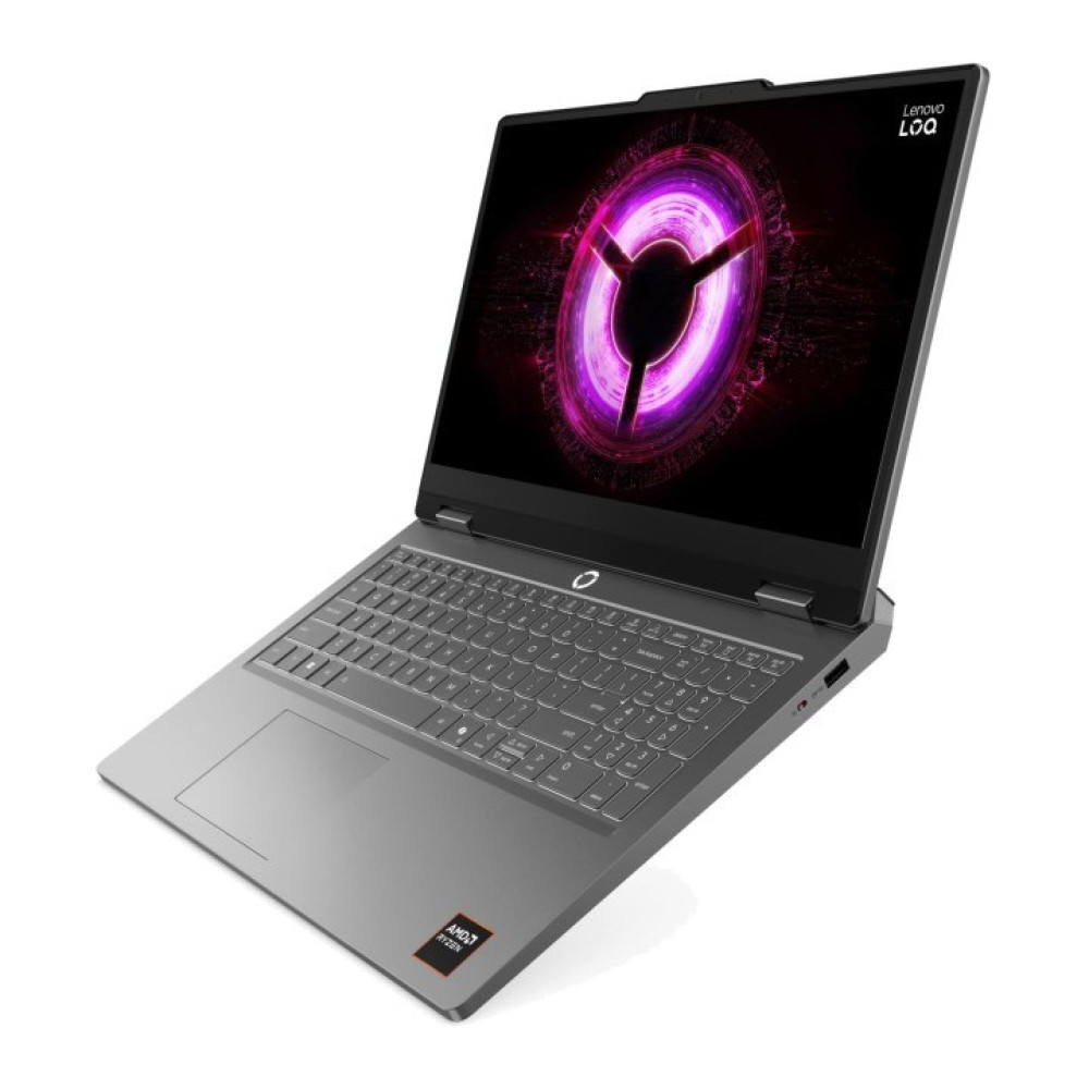 Szary laptop gamingowy Lenovo LOQ z logo AMD Ryzen jest otwarty na białym tle.