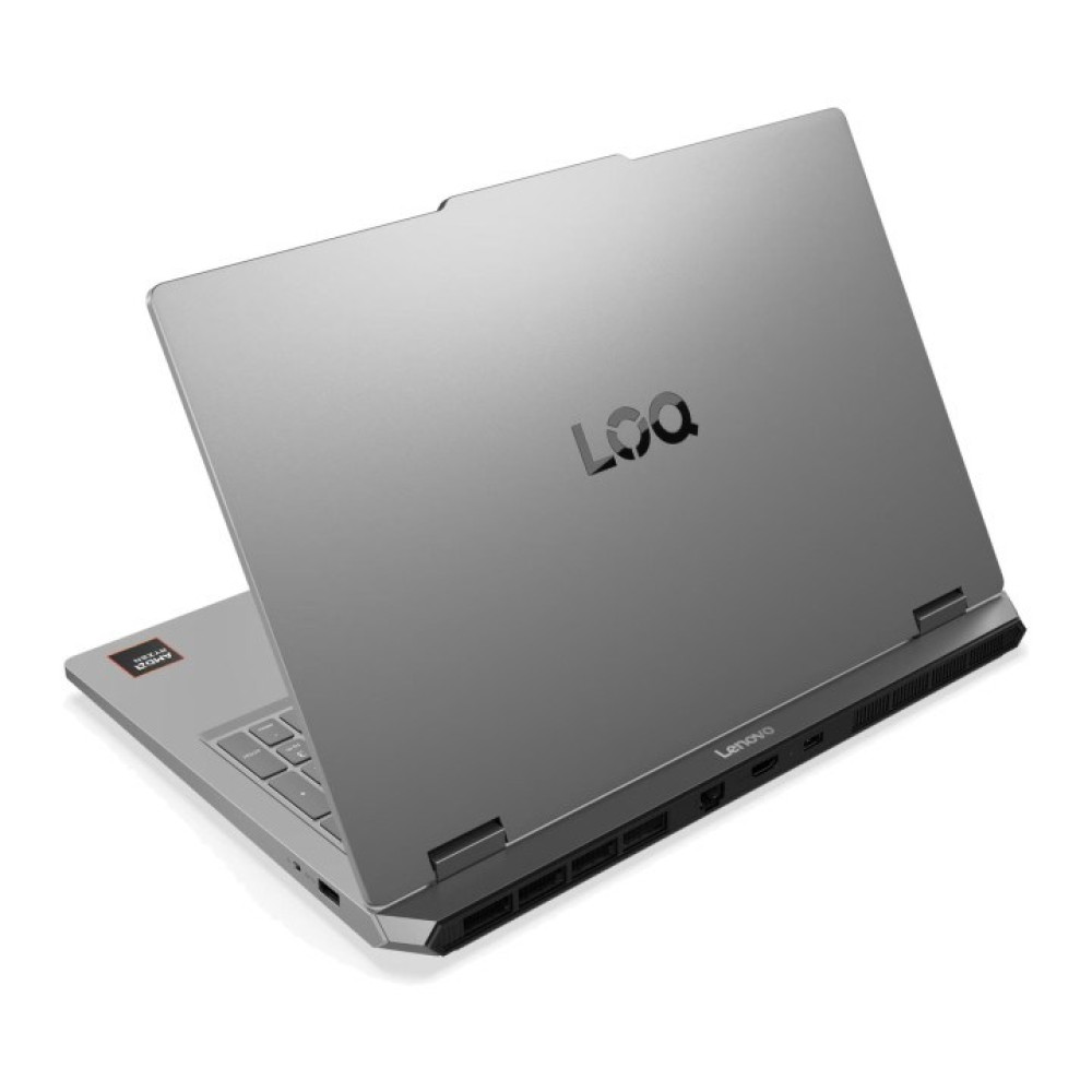 Szary laptop gamingowy Lenovo LOQ z otwartą pokrywą, na białym tle.
