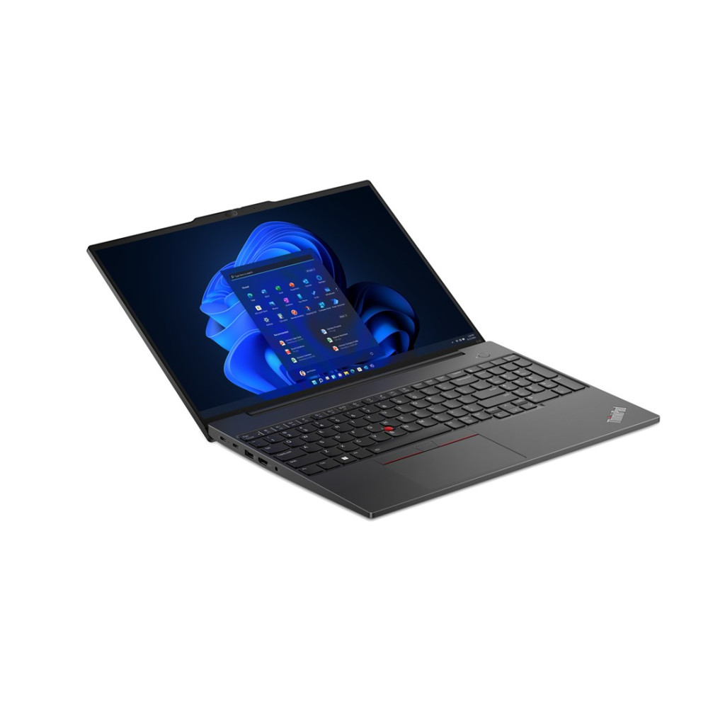 Czarny laptop Lenovo ThinkPad jest otwarty, wyświetlając interfejs Windows 11.