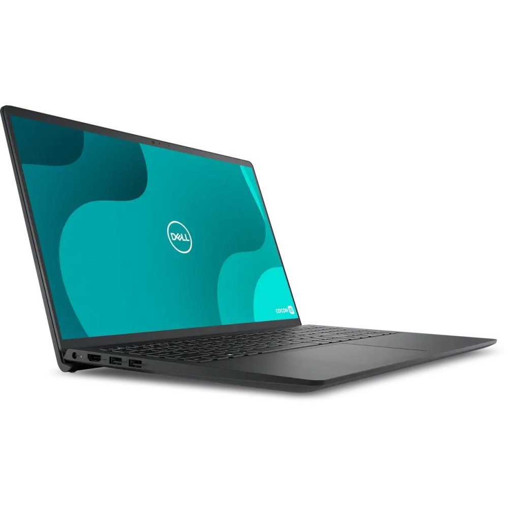 Ciemny laptop Dell z zieloną tapetą z logo Dell.