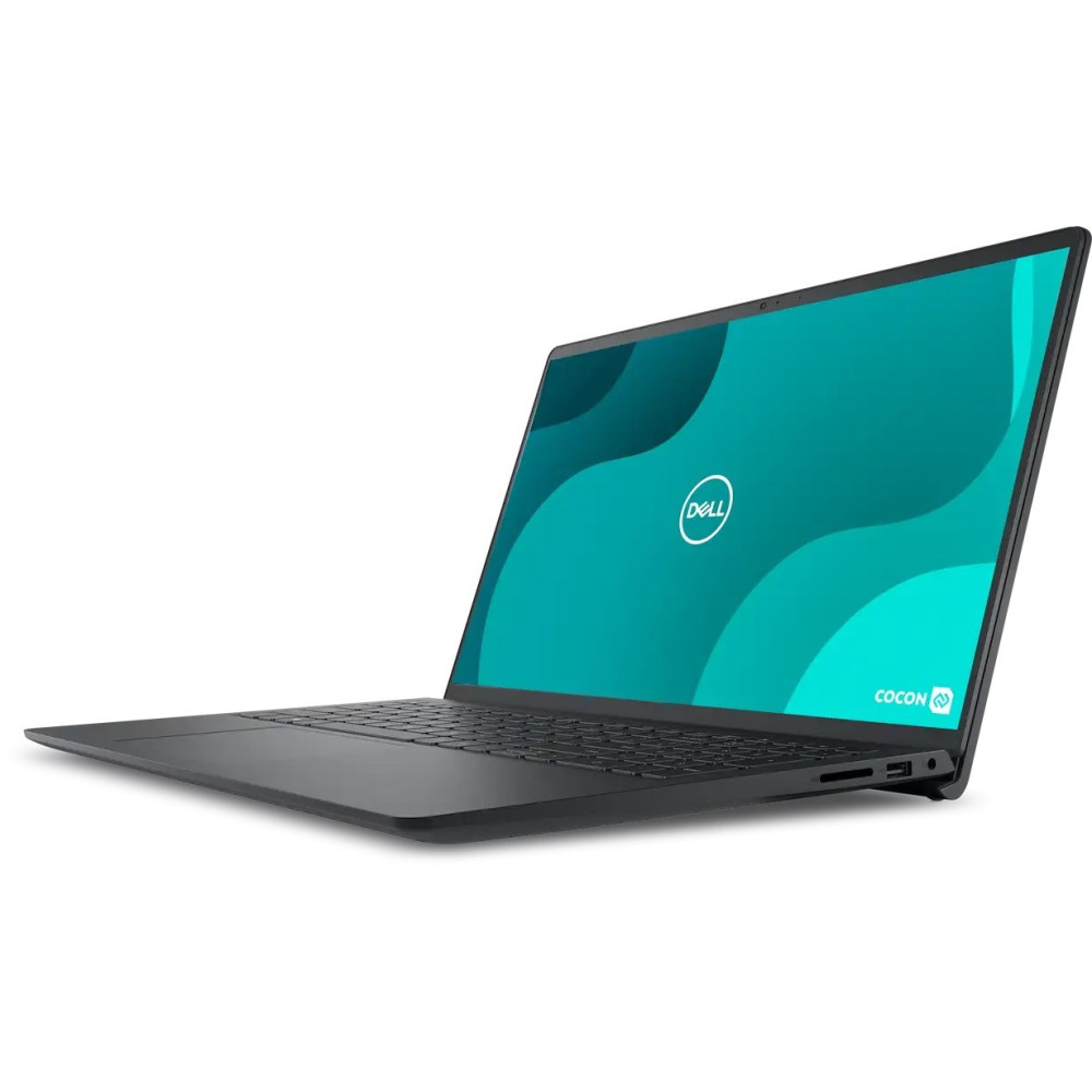 Zamknięty czarny laptop Dell z turkusowym wzorem fal na ekranie.