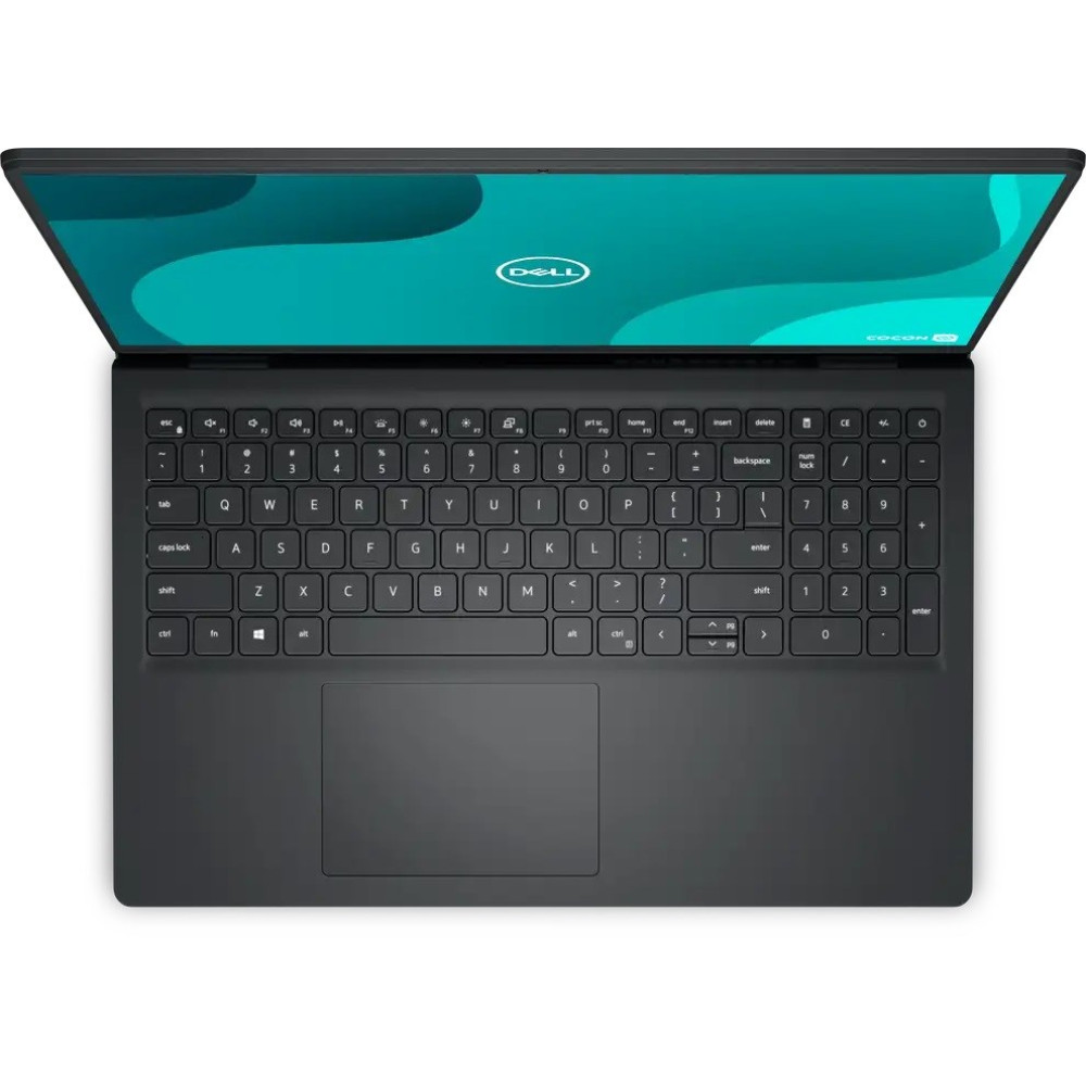 Ciemny laptop Dell z podświetlaną klawiaturą i niebieskim tłem.