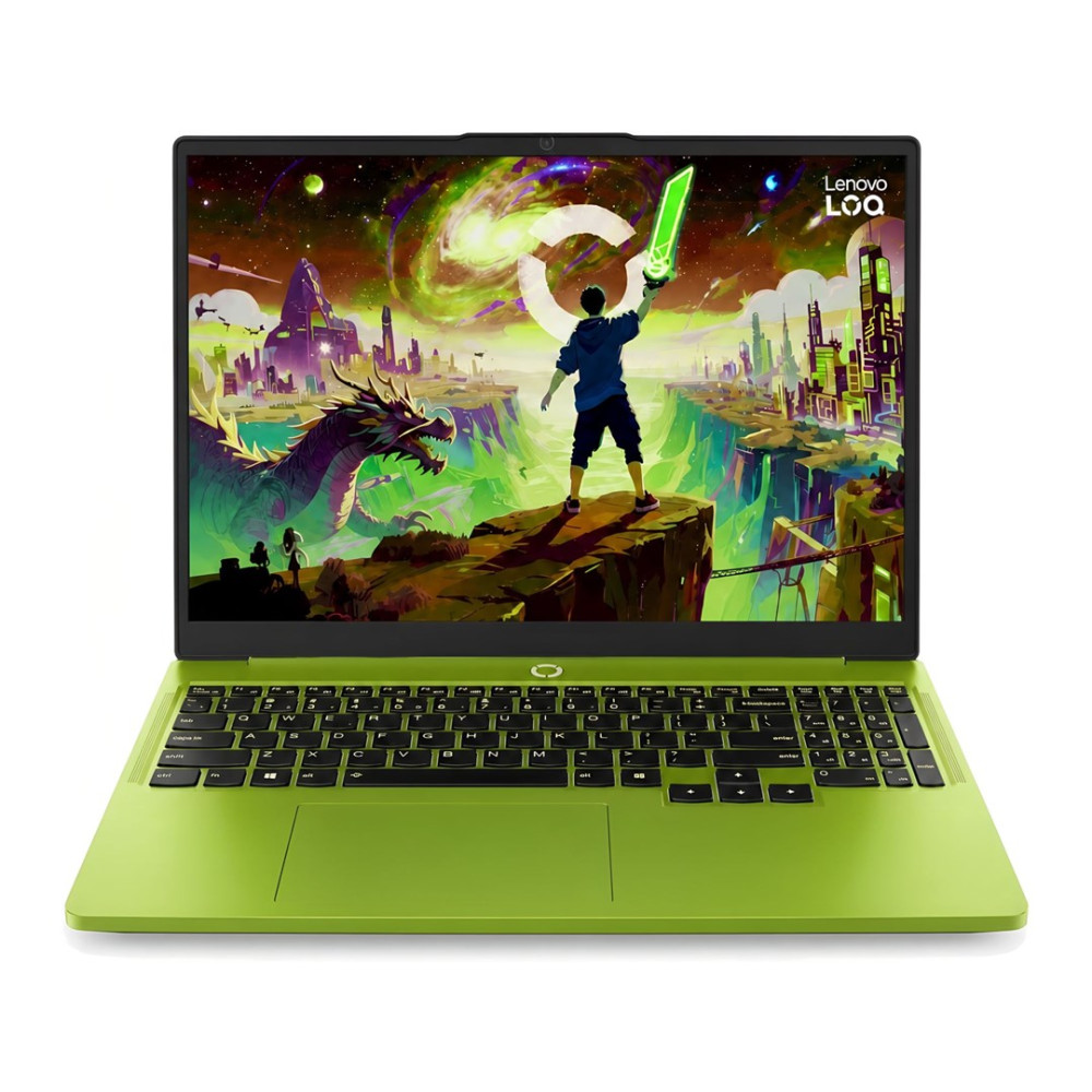 Zielony laptop wyświetla futurystyczny widok miasta ze smokiem i bohaterem z mieczem.