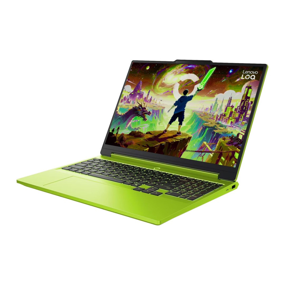 Limonkowo-zielony laptop Lenovo wyświetla grafikę fantasy z smokiem i wojownikiem.