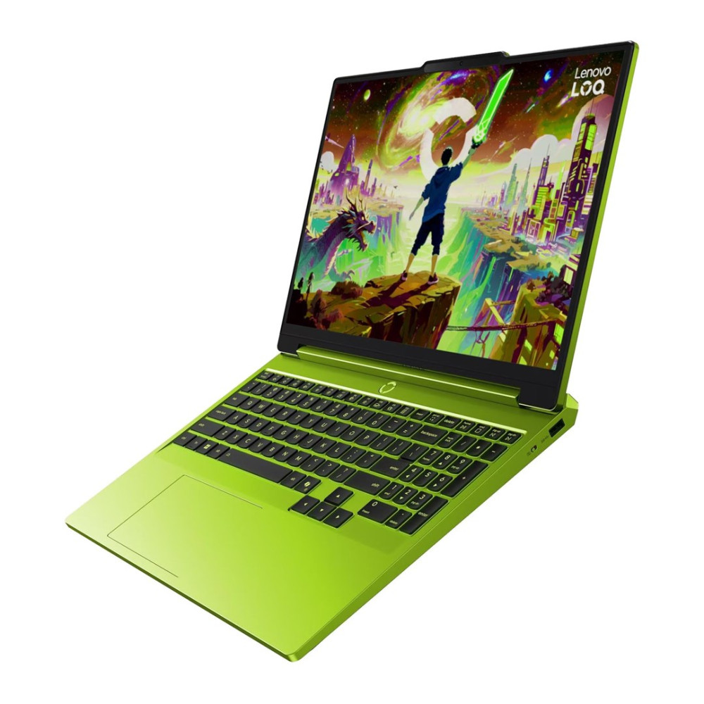 Limonkowo zielony laptop Lenovo otwarty, wyświetlający żywą scenę gry fantasy na ekranie.