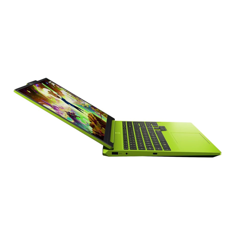 Jasnozielony laptop jest otwarty, wyświetla kolorowy abstrakcyjny obraz na ekranie.