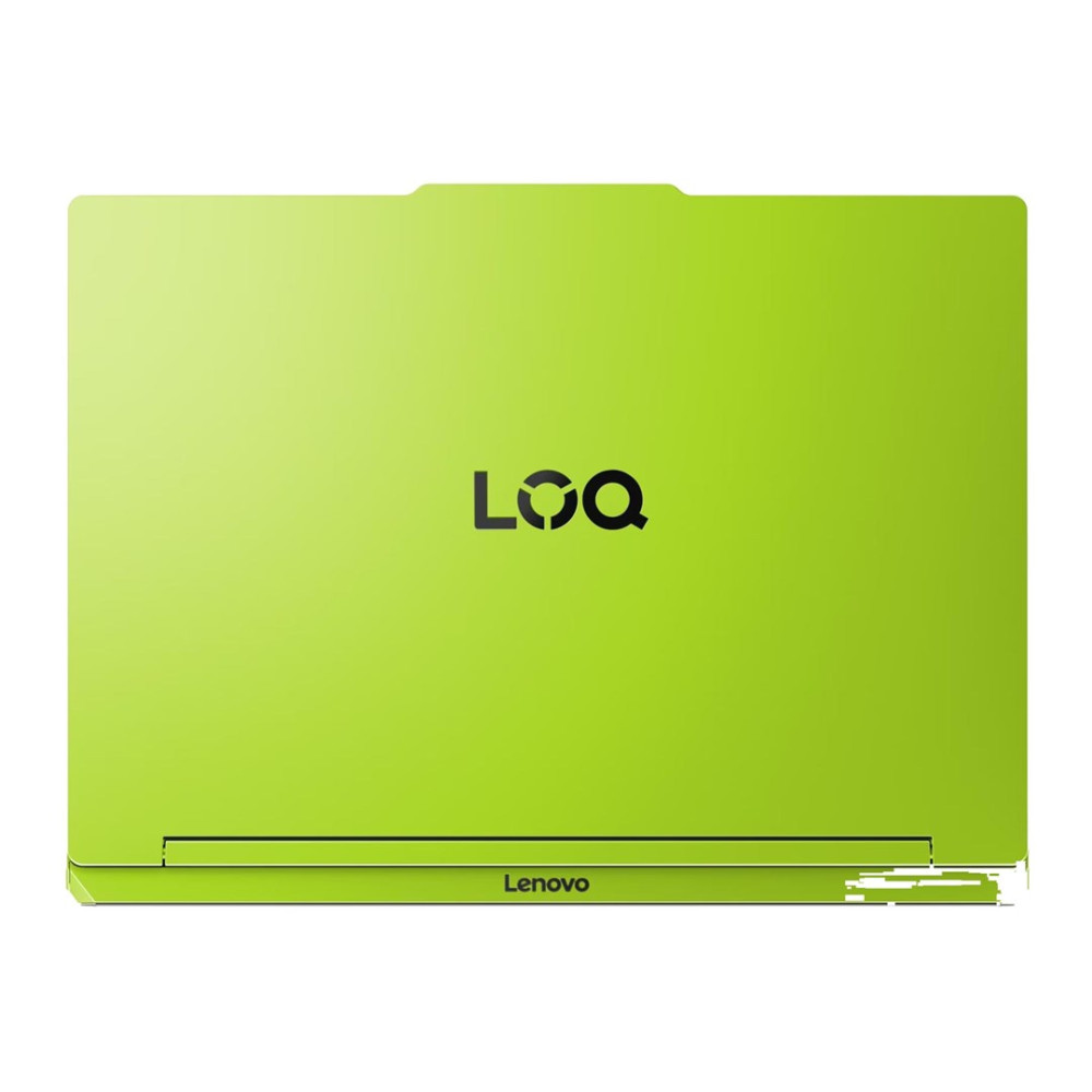 Zamknięty, limonkowo-zielony laptop Lenovo LOQ z czarnym logo na pokrywie.