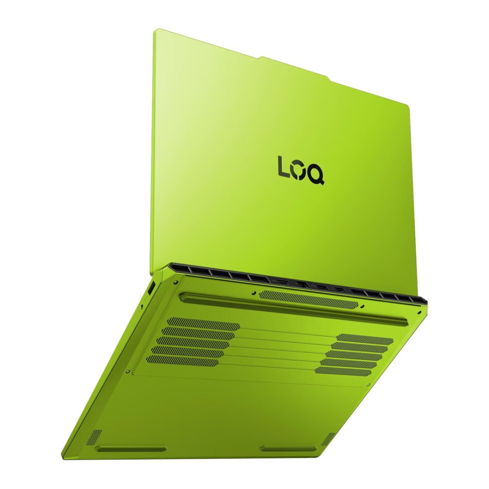 Jasnozielony laptop z otwartą pokrywą, logo na pokrywie, widoczne otwory wentylacyjne.